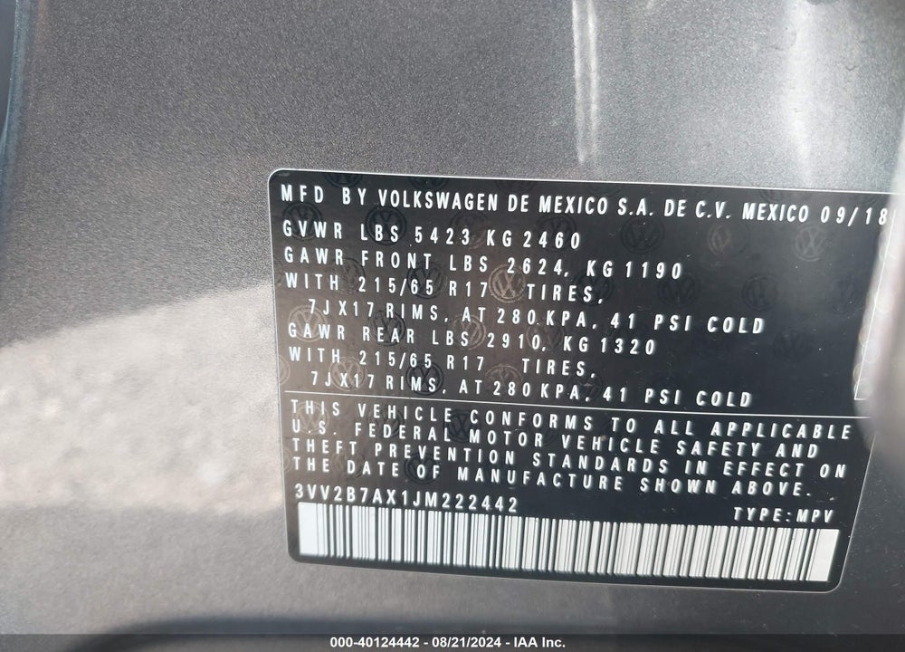 2018 VOLKSWAGEN TIGUAN 2.0T SE/2.0T SEL VIN: 3VV2B7AX1JM222442
