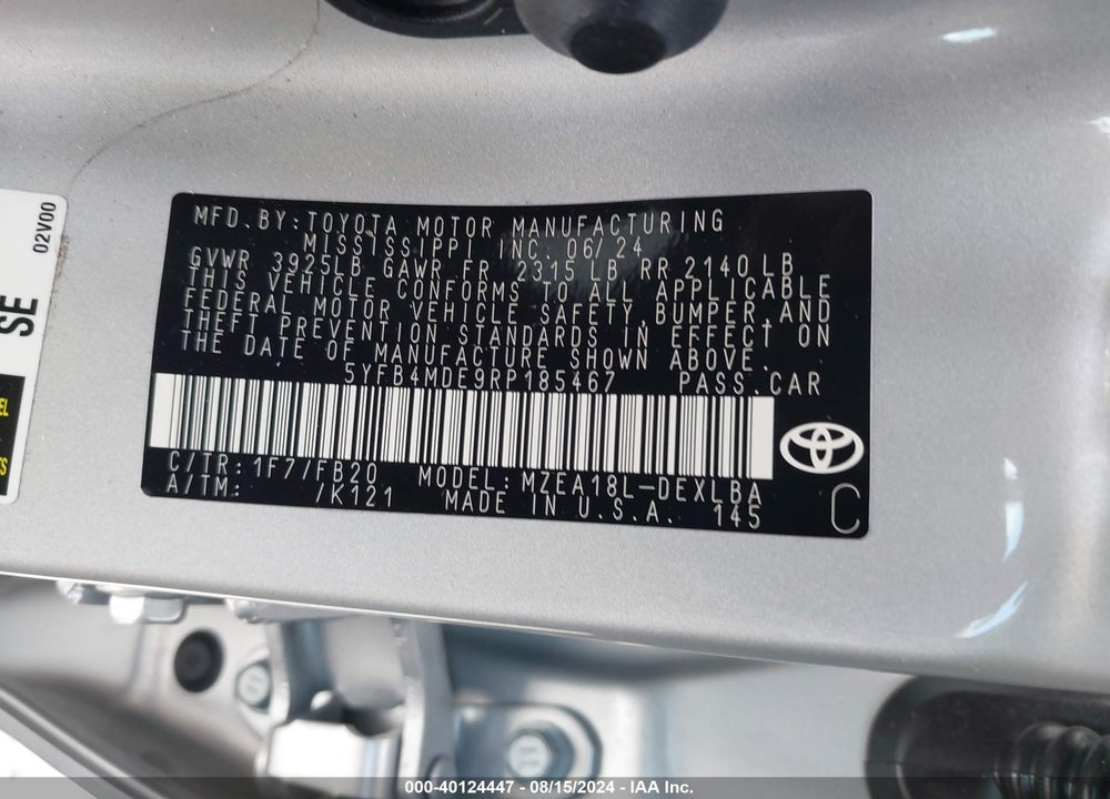 2024 TOYOTA COROLLA LE VIN: 5YFB4MDE9RP185467