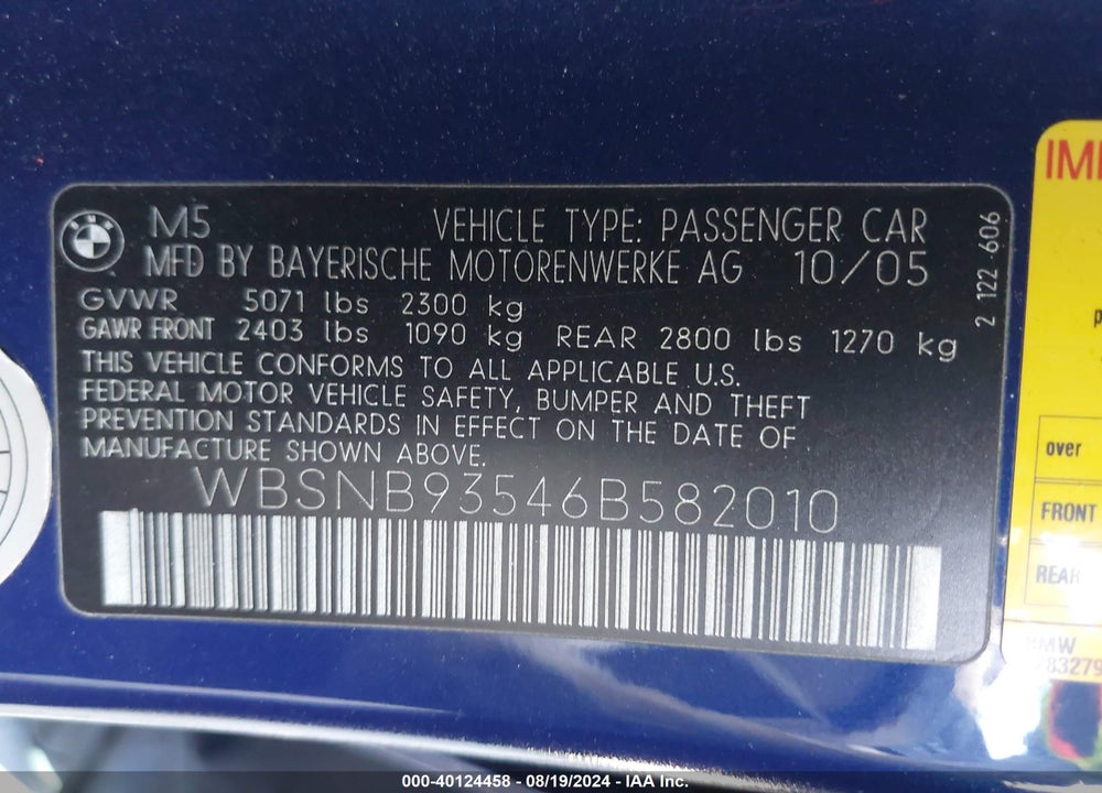 2006 BMW M5 VIN: WBSNB93546B582010