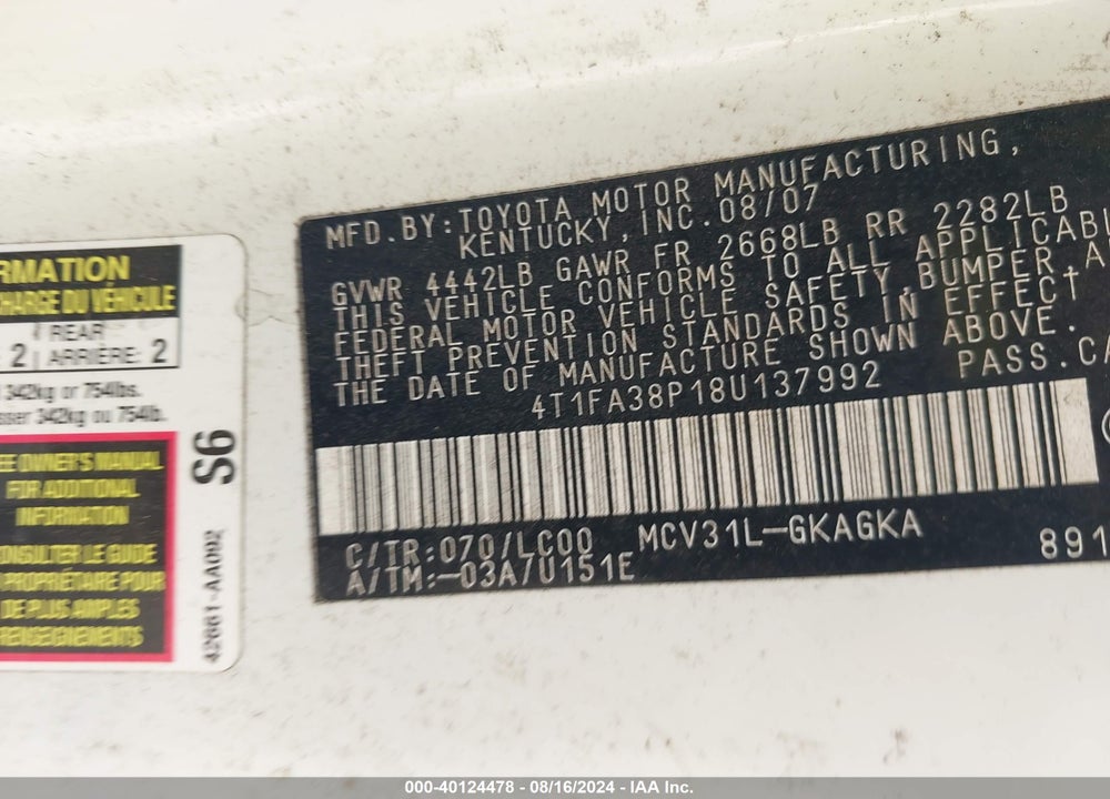 2008 TOYOTA CAMRY SOLARA SLE VIN: 4T1FA38P18U137992
