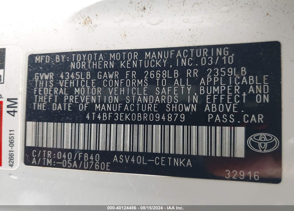 2011 TOYOTA CAMRY LE VIN: 4T4BF3EK0BR094879