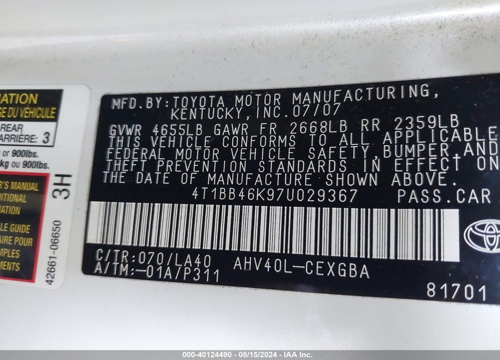 2007 TOYOTA CAMRY HYBRID VIN: 4T1BB46K97U029367