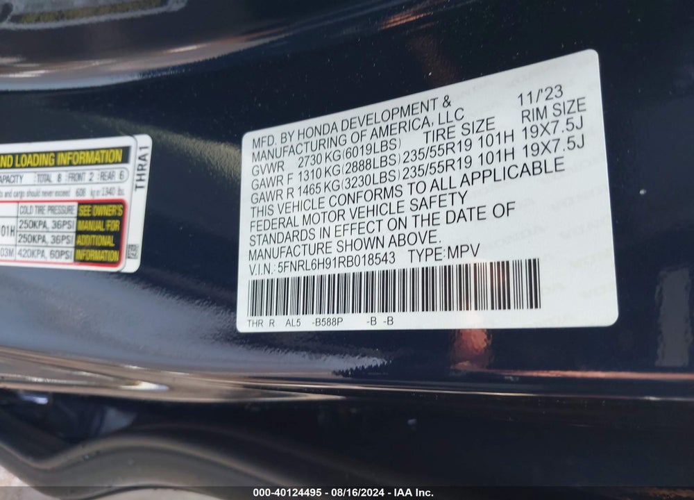 2024 HONDA ODYSSEY ELITE VIN: 5FNRL6H91RB018543