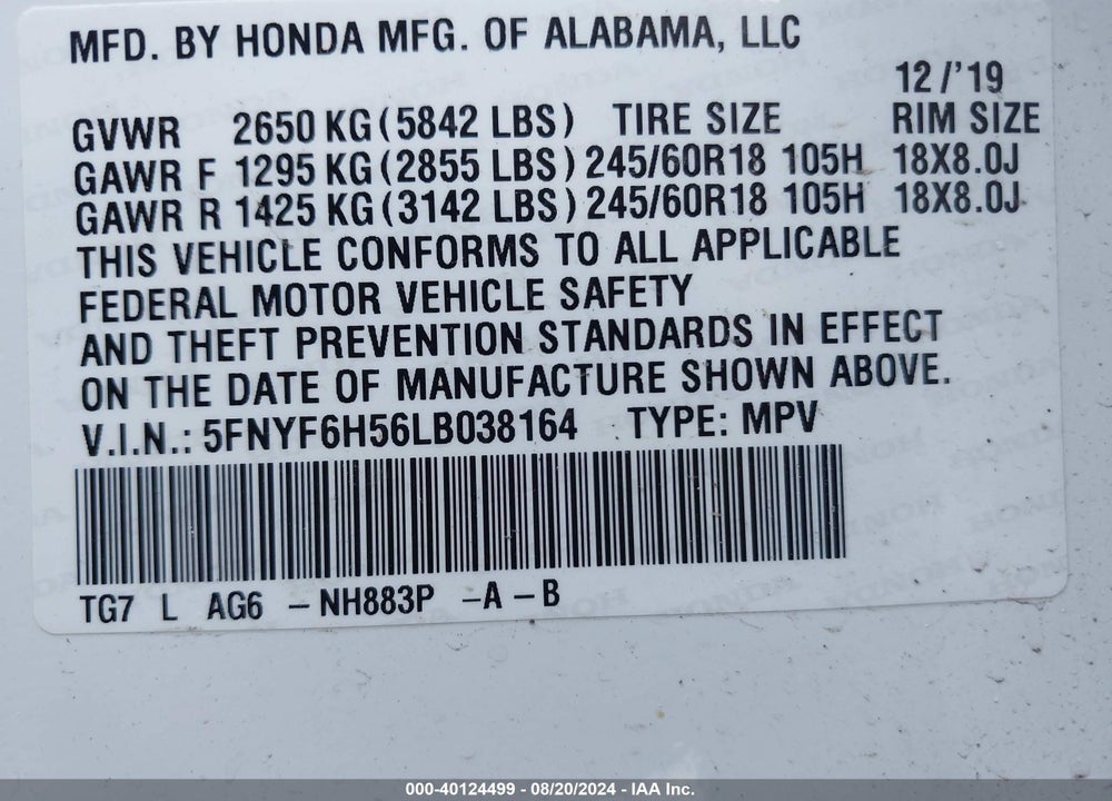 2020 HONDA PILOT VIN: 5FNYF6H56LB038164