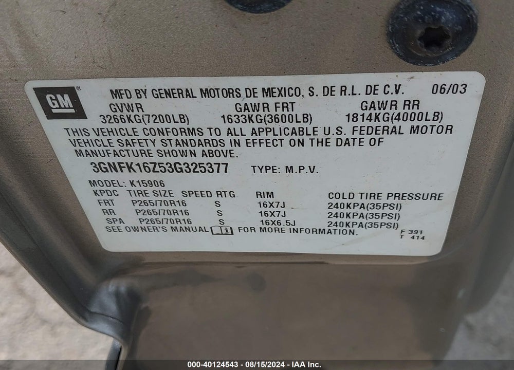 2003 CHEVROLET SUBURBAN 1500 LS VIN: 3GNFK16Z53G325377
