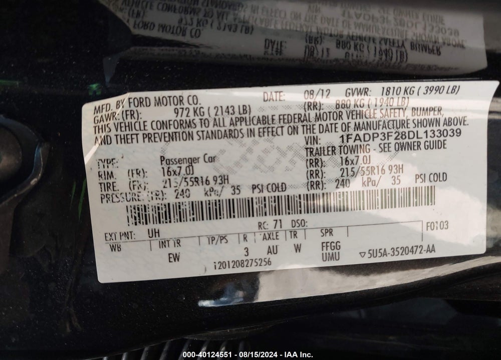 2013 FORD FOCUS SE VIN: 1FADP3F28DL133039