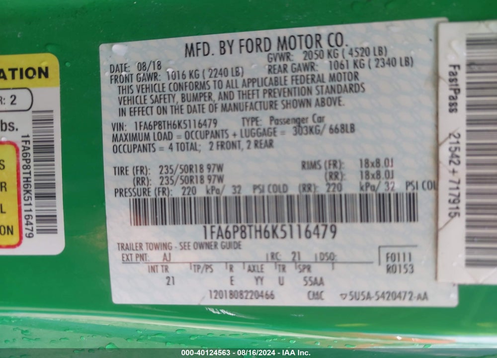 2019 FORD MUSTANG ECOBOOST VIN: 1FA6P8TH6K5116479