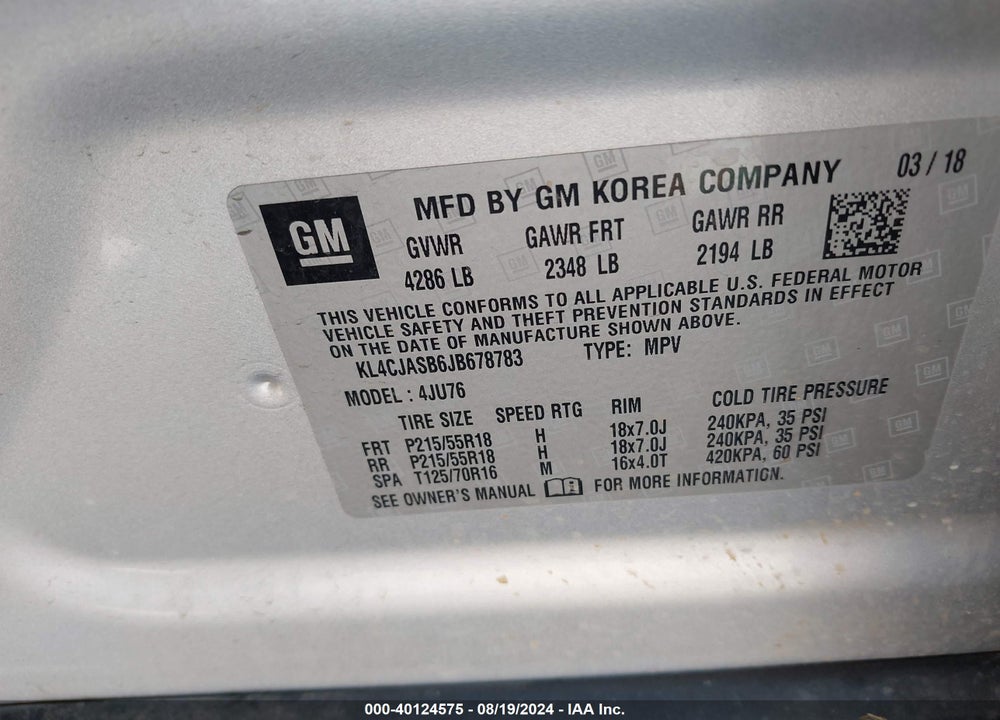 2018 BUICK ENCORE PREFERRED VIN: KL4CJASB6JB678783