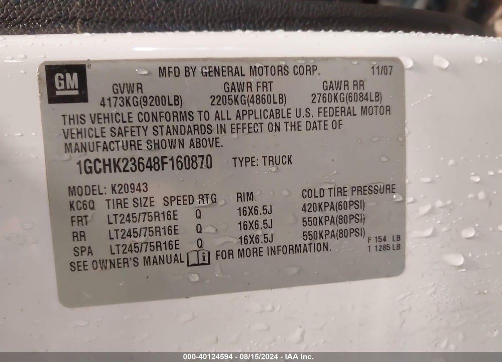 2008 CHEVROLET SILVERADO 2500HD LT1 VIN: 1GCHK23648F160870
