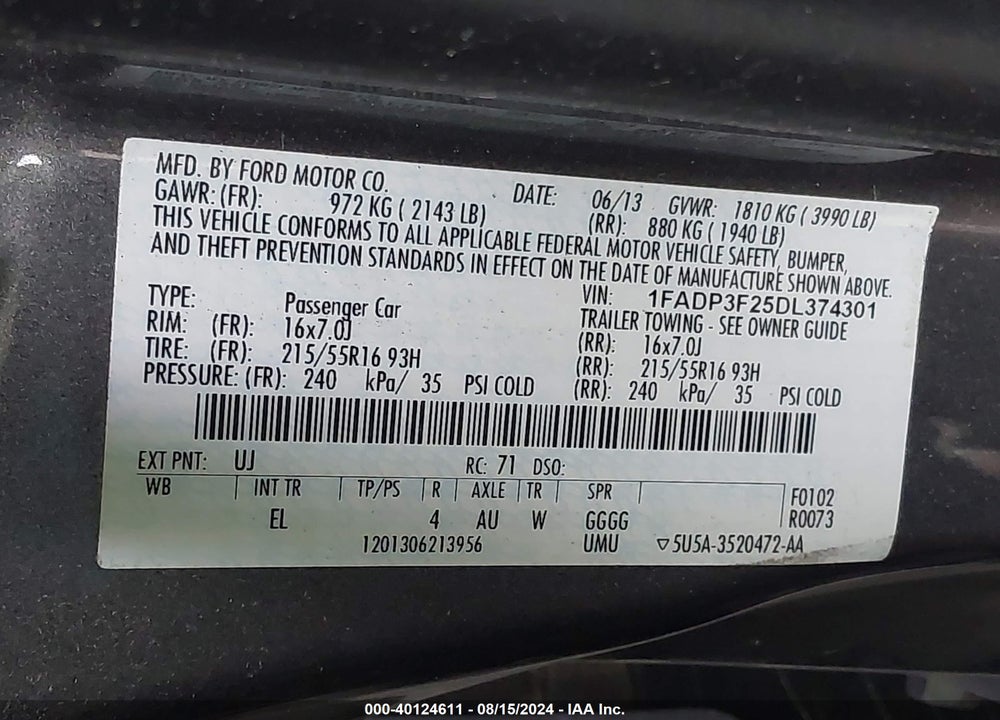 2013 FORD FOCUS SE VIN: 1FADP3F25DL374301
