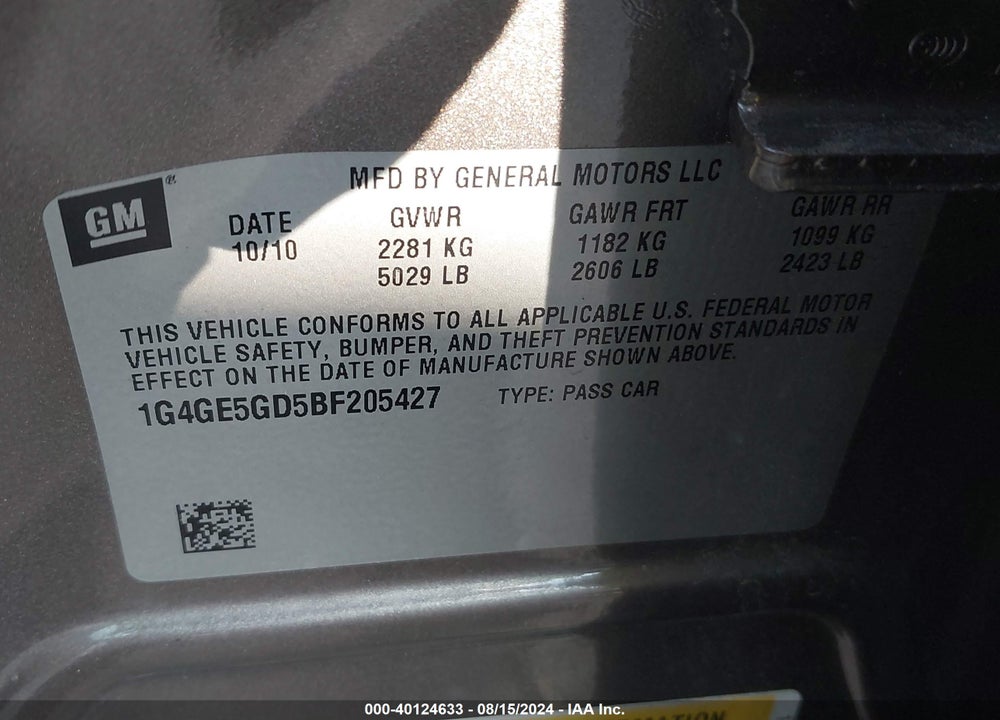 2011 BUICK LACROSSE CXS VIN: 1G4GE5GD5BF205427