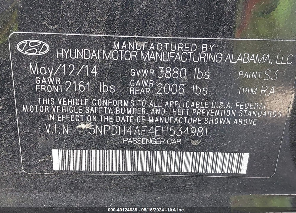 2014 HYUNDAI ELANTRA SE VIN: 5NPDH4AE4EH534981