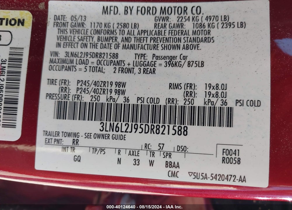 2013 LINCOLN MKZ VIN: 3LN6L2J95DR821588