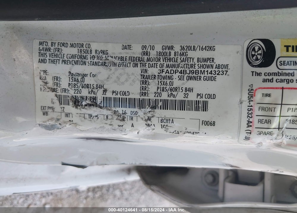 2011 FORD FIESTA SE VIN: 3FADP4BJ9BM143237