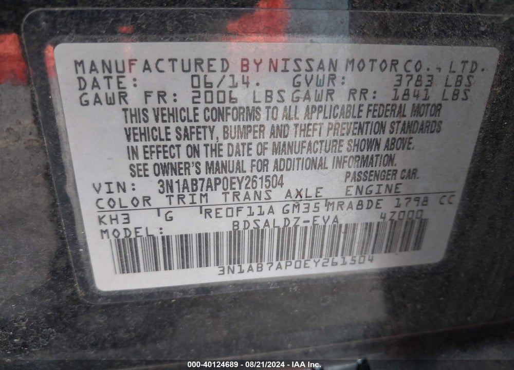 2014 NISSAN SENTRA FE+ S/FE+ SV/S/SL/SR/SV VIN: 3N1AB7AP0EY261504