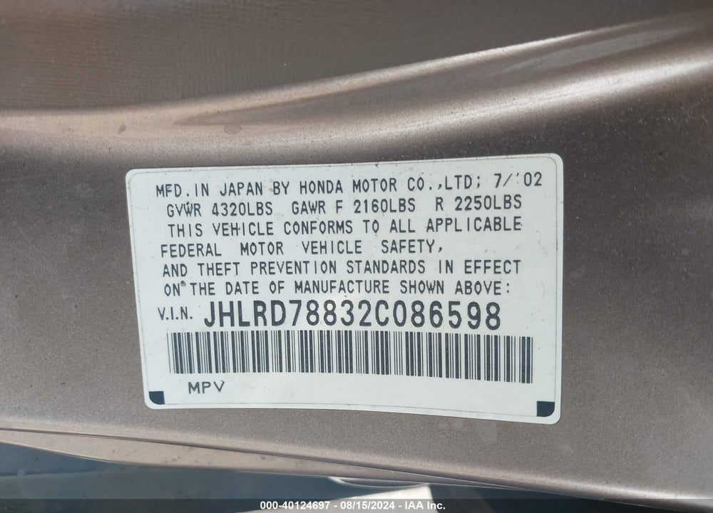 2002 HONDA CR-V EX VIN: JHLRD78832C086598