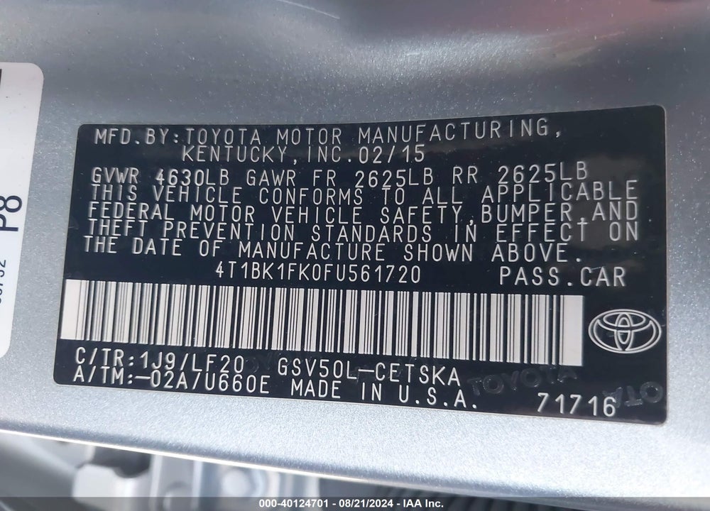 2015 TOYOTA CAMRY XSE V6 VIN: 4T1BK1FK0FU561720