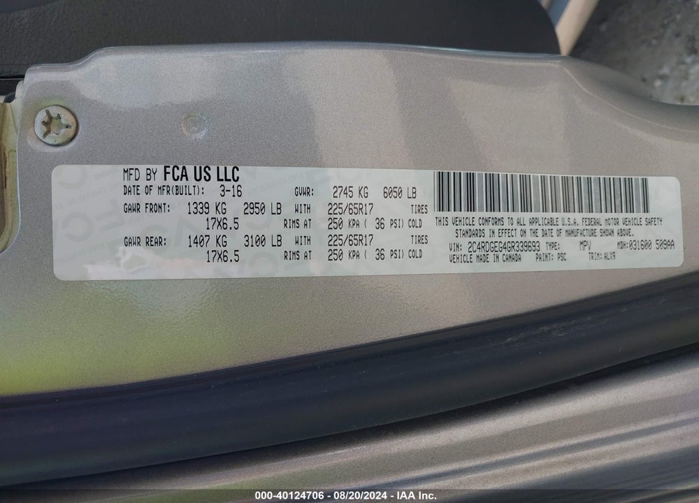 2016 DODGE GRAND CARAVAN R/T VIN: 2C4RDGEG4GR339693