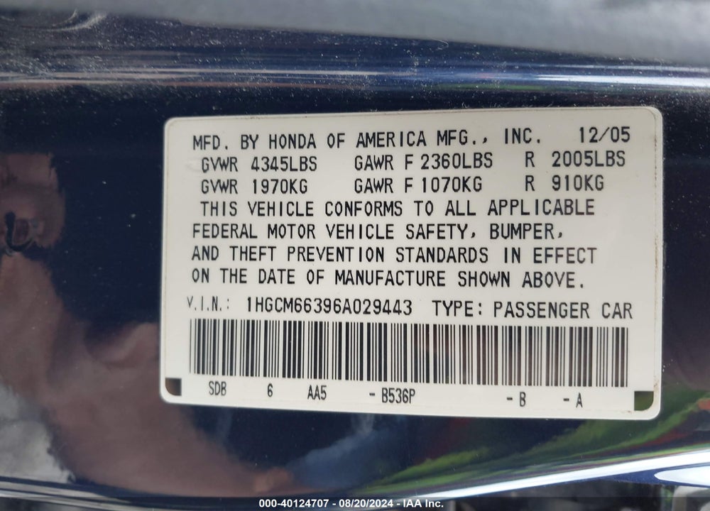 2006 HONDA ACCORD 3.0 LX VIN: 1HGCM66396A029443