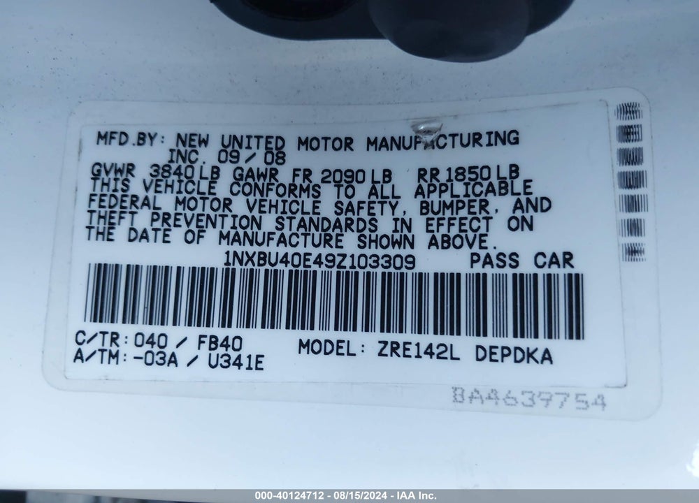 2009 TOYOTA COROLLA LE VIN: 1NXBU40E49Z103309