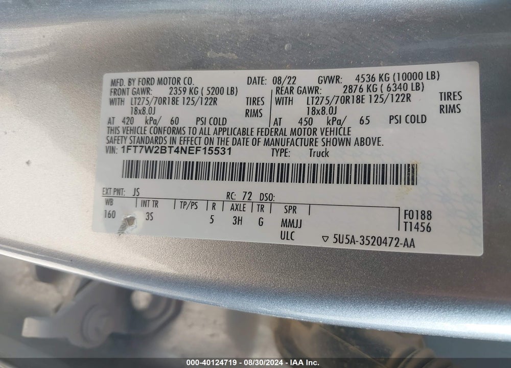 2022 FORD F-250 XLT VIN: 1FT7W2BT4NEF15531