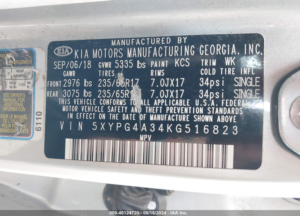 2019 KIA SORENTO 2.4L L VIN: 5XYPG4A34KG516823