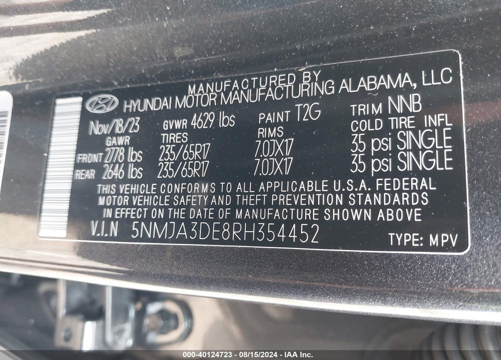 2024 HYUNDAI TUCSON SE VIN: 5NMJA3DE8RH354452