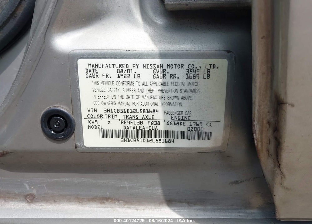 2002 NISSAN SENTRA GXE VIN: 3N1CB51D12L581684