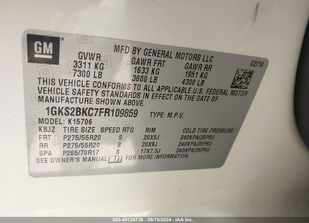 2015 GMC YUKON SLT VIN: 1GKS2BKC7FR109859
