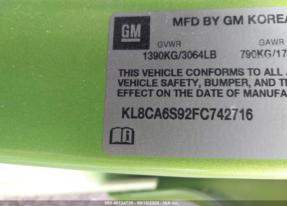 2015 CHEVROLET SPARK LS MANUAL VIN: KL8CA6S92FC742716