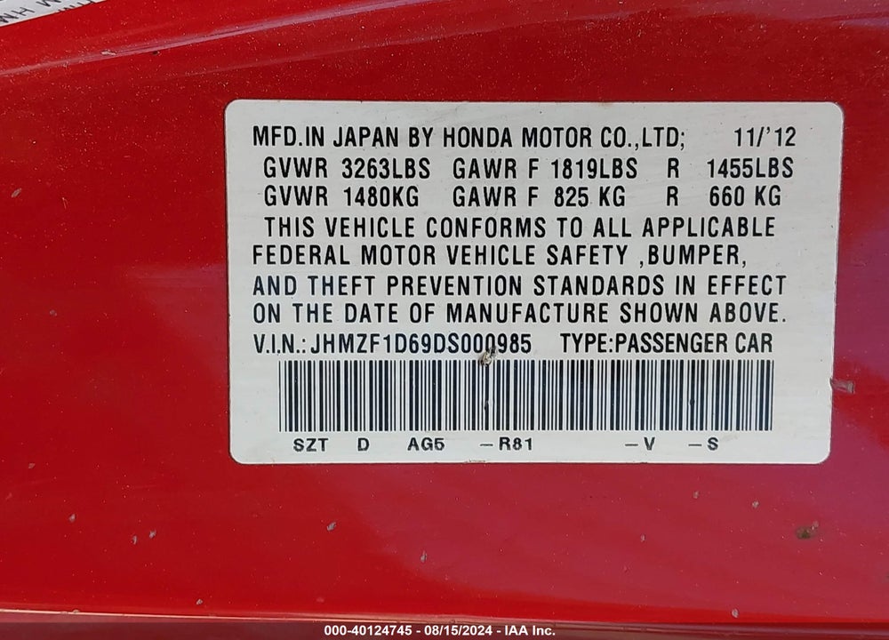 2013 HONDA CR-Z EX VIN: JHMZF1D69DS000985