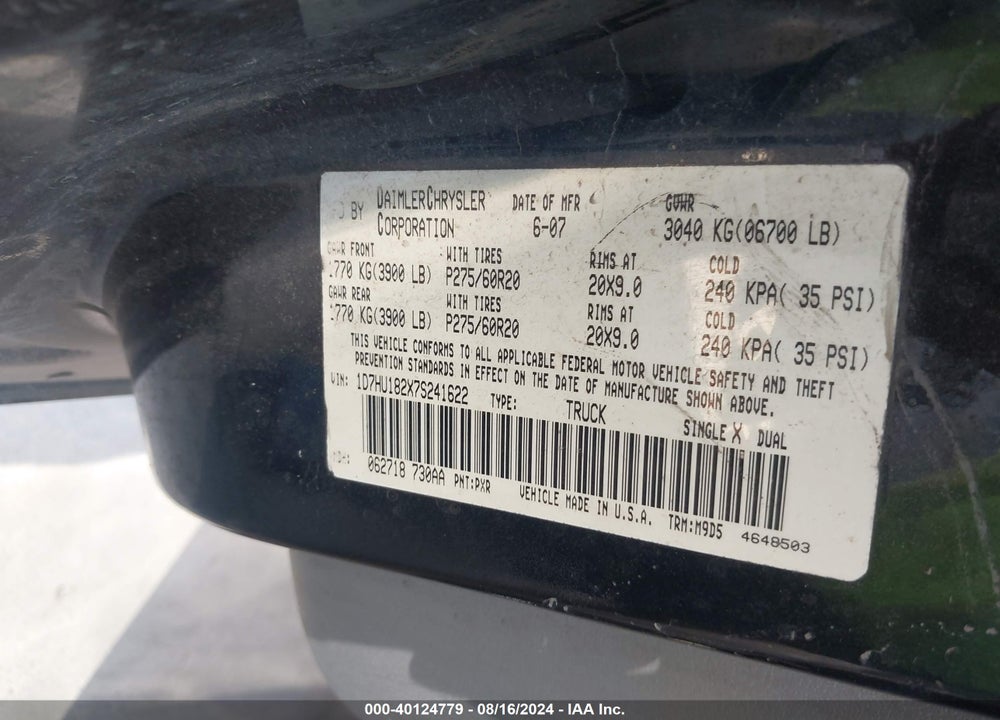 2007 DODGE RAM 1500 SLT/TRX4 OFF ROAD/SPORT VIN: 1D7HU182X7S241622
