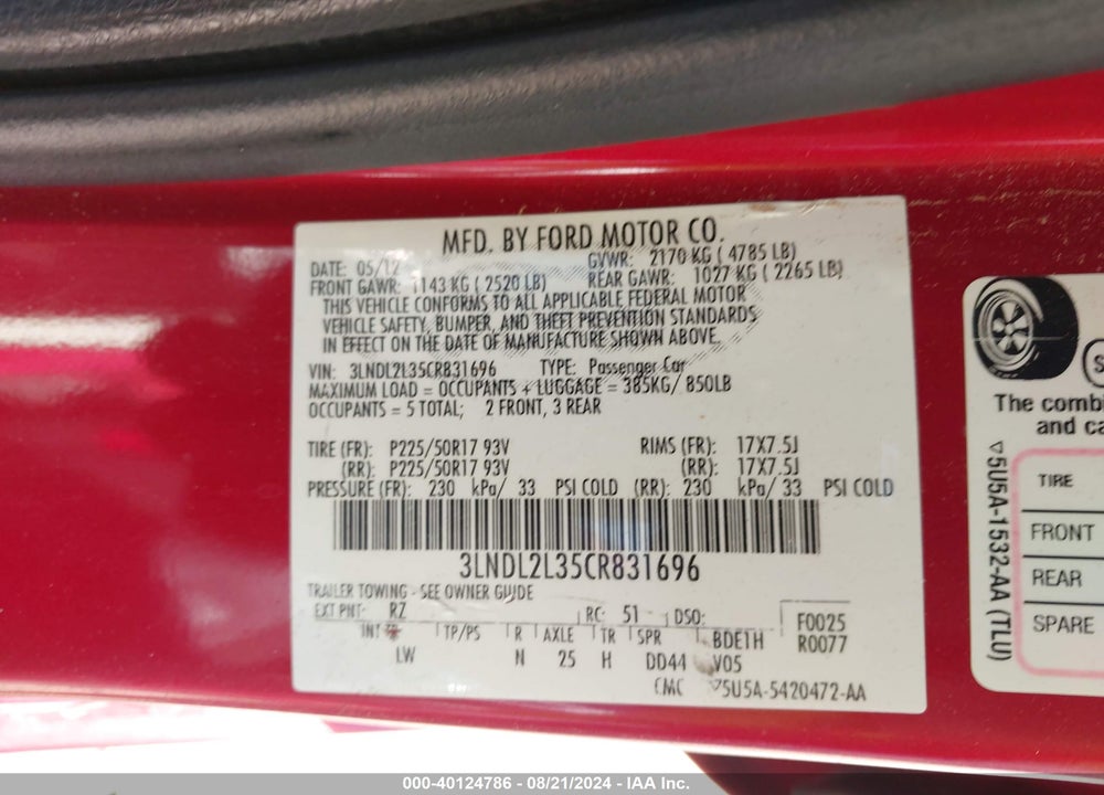 2012 LINCOLN MKZ HYBRID VIN: 3LNDL2L35CR831696