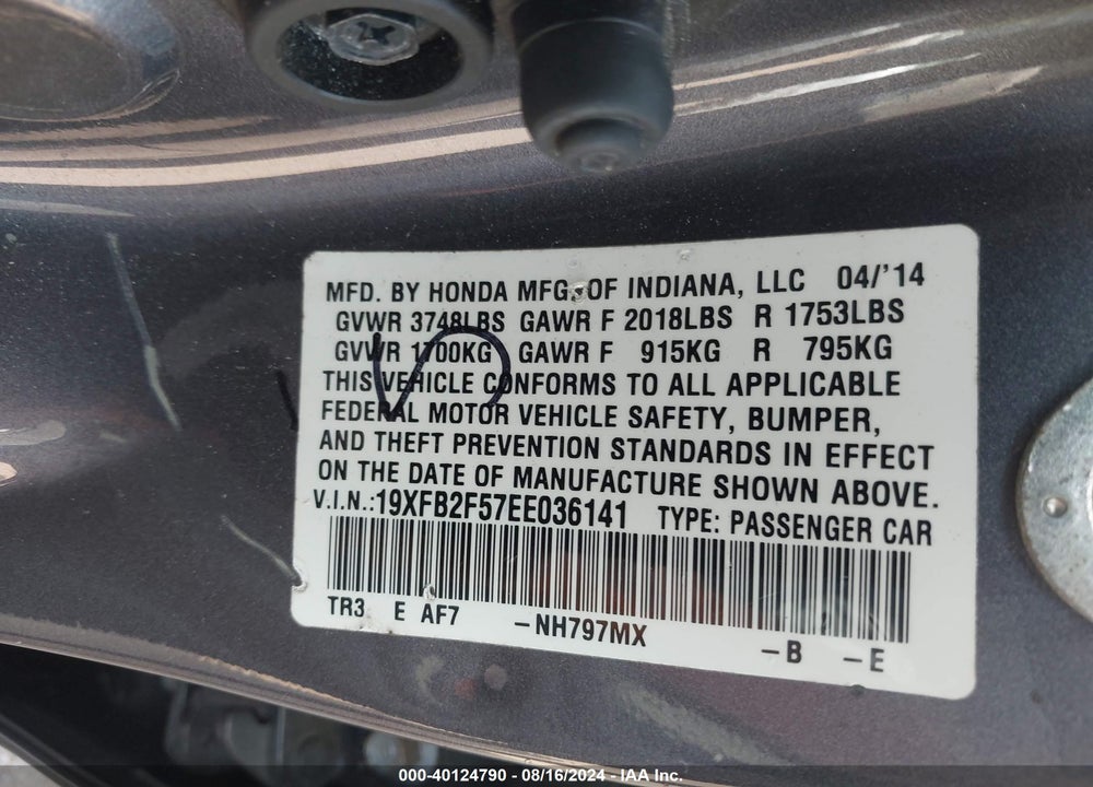 2014 HONDA CIVIC LX VIN: 19XFB2F57EE036141
