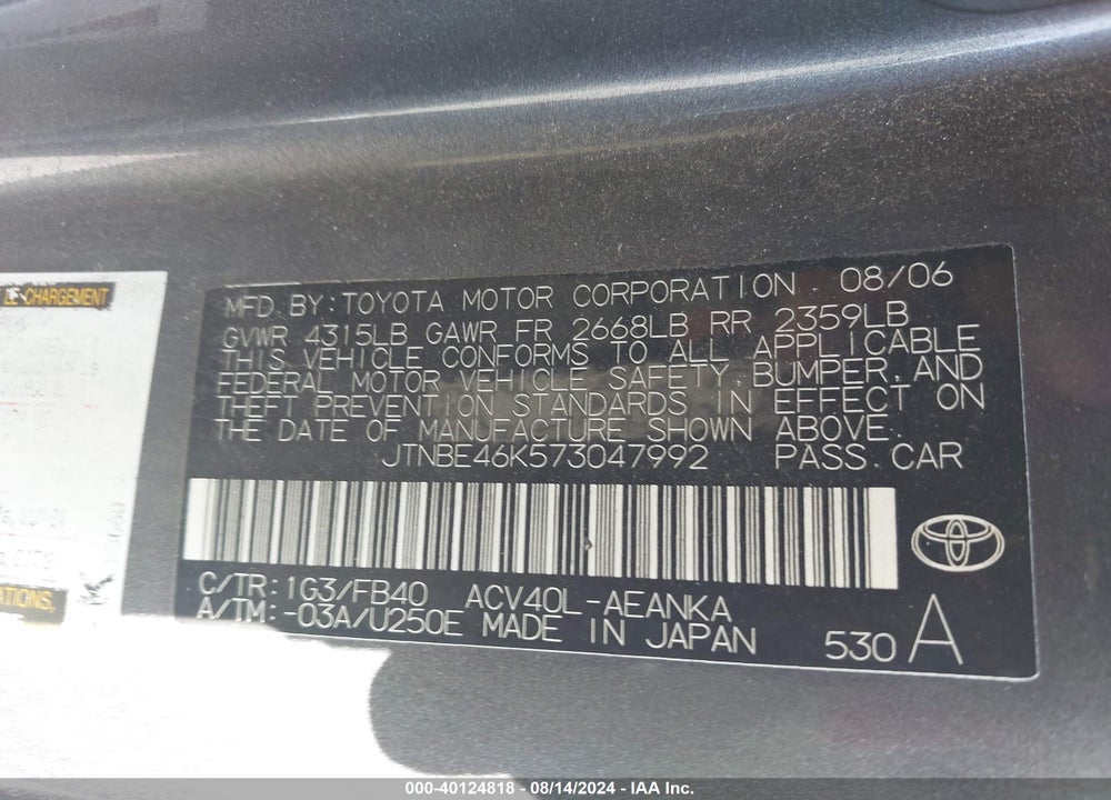 2007 TOYOTA CAMRY LE VIN: JTNBE46K573047992