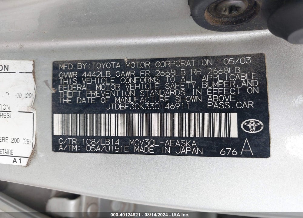2003 TOYOTA CAMRY SE V6 VIN: JTDBF30K330146911