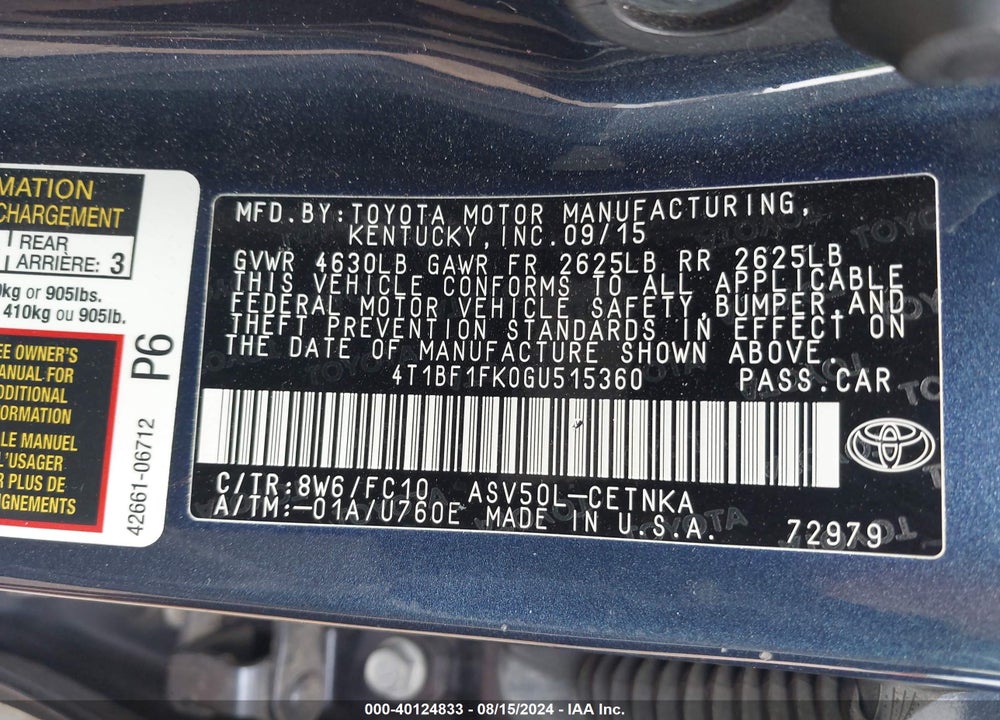 2016 TOYOTA CAMRY LE VIN: 4T1BF1FK0GU515360
