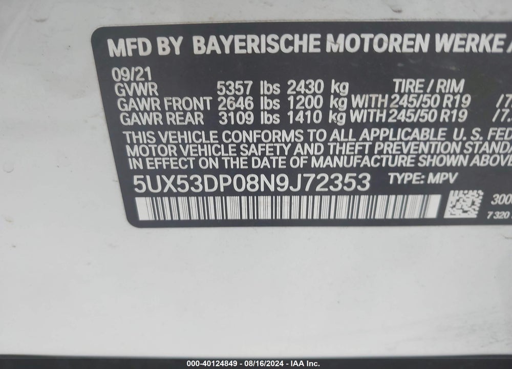 2022 BMW X3 XDRIVE30I VIN: 5UX53DP08N9J72353