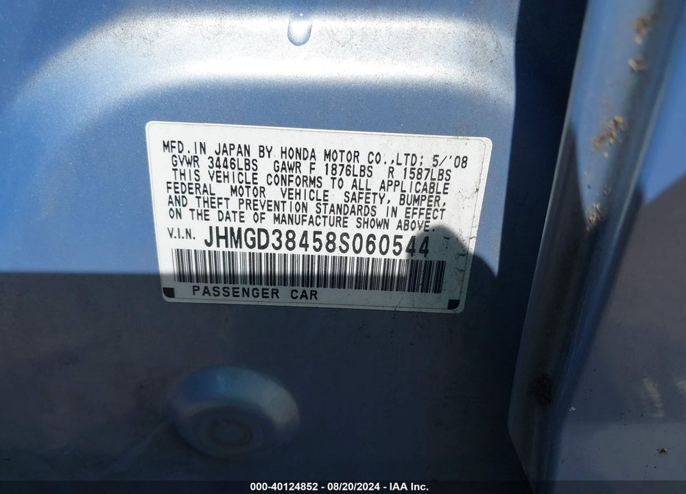 2008 HONDA FIT VIN: JHMGD38458S060544