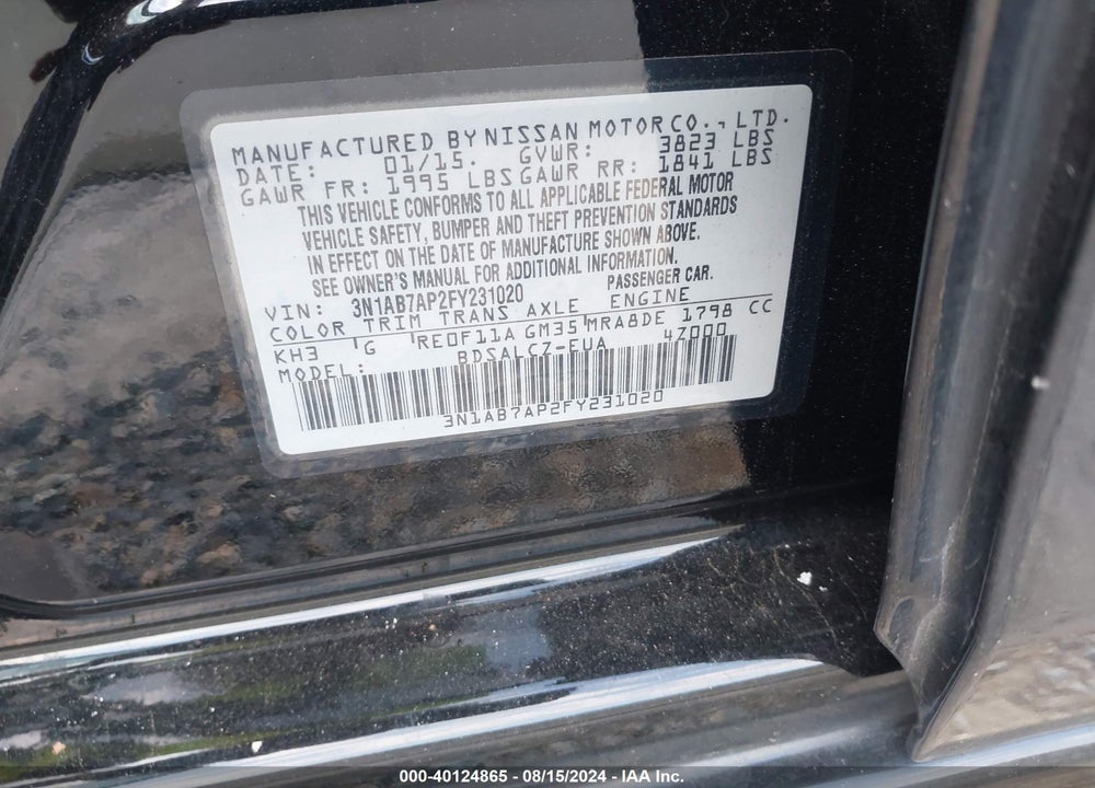 2015 NISSAN SENTRA S VIN: 3N1AB7AP2FY231020