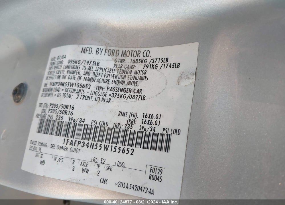 2005 FORD FOCUS ZX4 VIN: 1FAFP34N55W155652