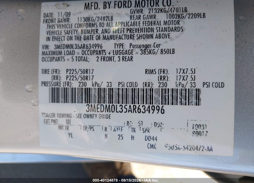 2010 MERCURY MILAN HYBRID VIN: 3MEDM0L35AR634996