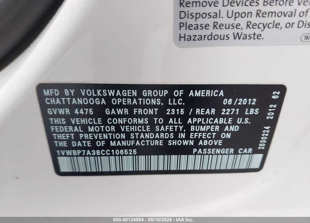 2012 VOLKSWAGEN PASSAT 2.5L SE VIN: 1VWBP7A38CC106525