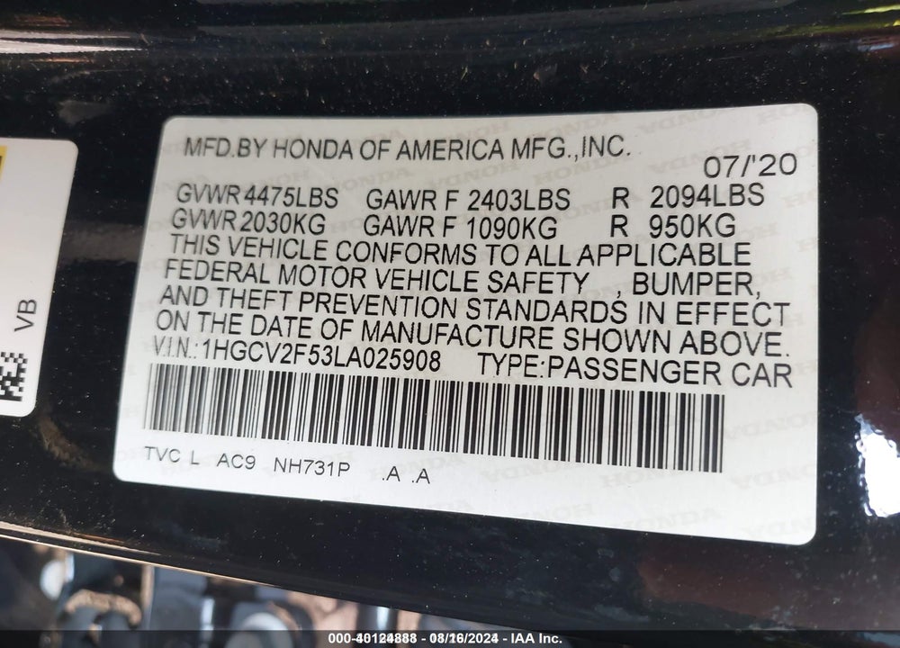 2020 HONDA ACCORD EX-L 2.0T VIN: 1HGCV2F53LA025908