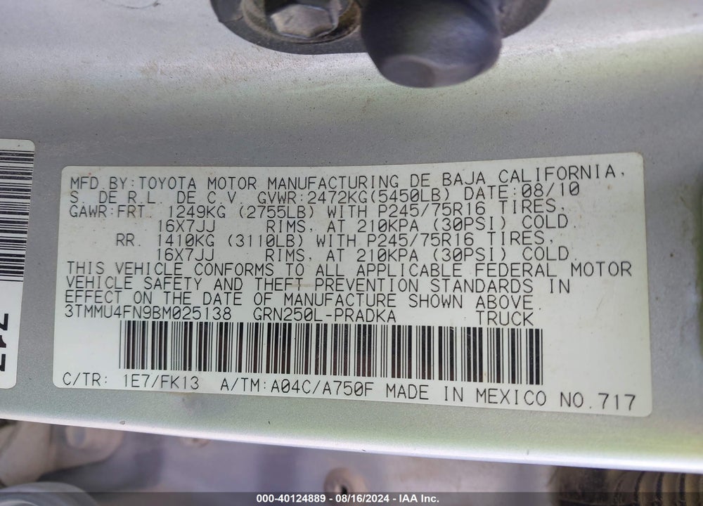 2011 TOYOTA TACOMA BASE V6 VIN: 3TMMU4FN9BM025138