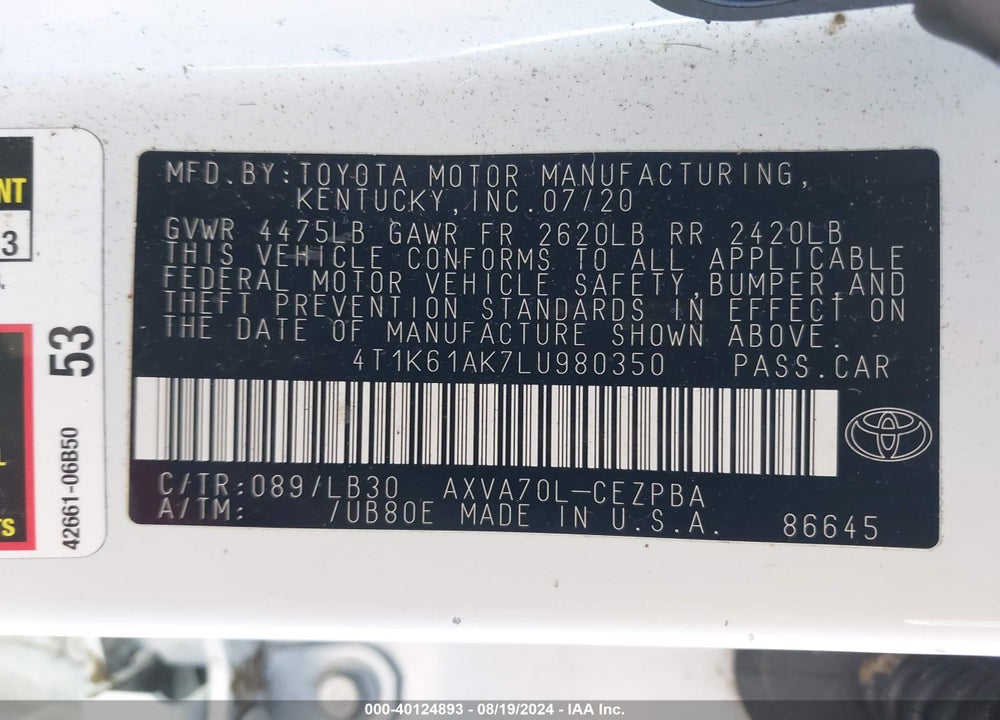 2020 TOYOTA CAMRY XSE VIN: 4T1K61AK7LU980350