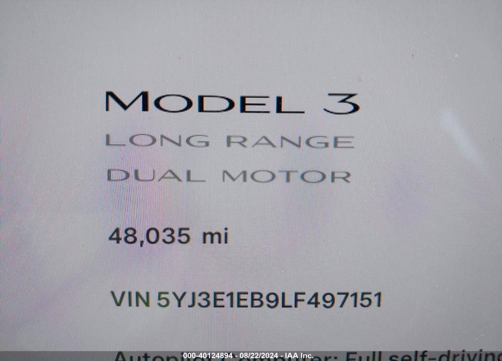 2020 TESLA MODEL 3 LONG RANGE DUAL MOTOR ALL-WHEEL DRIVE VIN: 5YJ3E1EB9LF497151