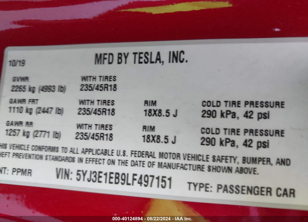 2020 TESLA MODEL 3 LONG RANGE DUAL MOTOR ALL-WHEEL DRIVE VIN: 5YJ3E1EB9LF497151