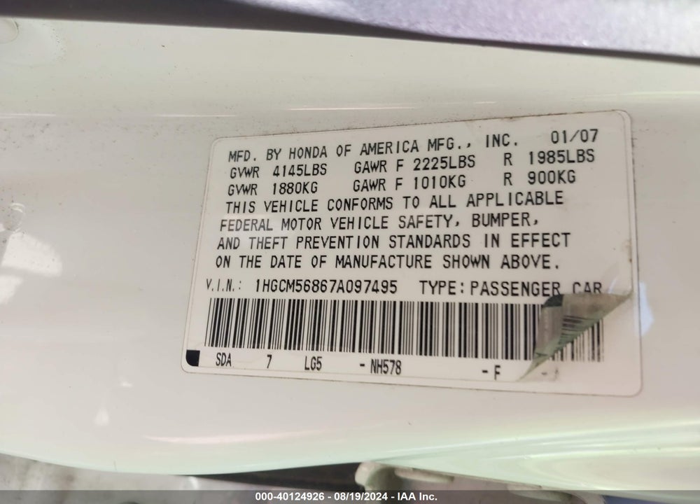 2007 HONDA ACCORD 2.4 EX VIN: 1HGCM56867A097495
