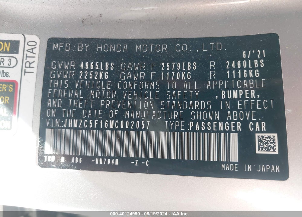 2021 HONDA CLARITY PLUG-IN HYBRID VIN: JHMZC5F16MC002057
